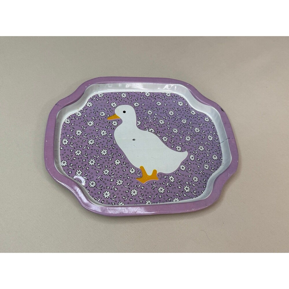 Vintage 1986 Action Industries, Inc. Metal Tin Trinket Tray purple goose